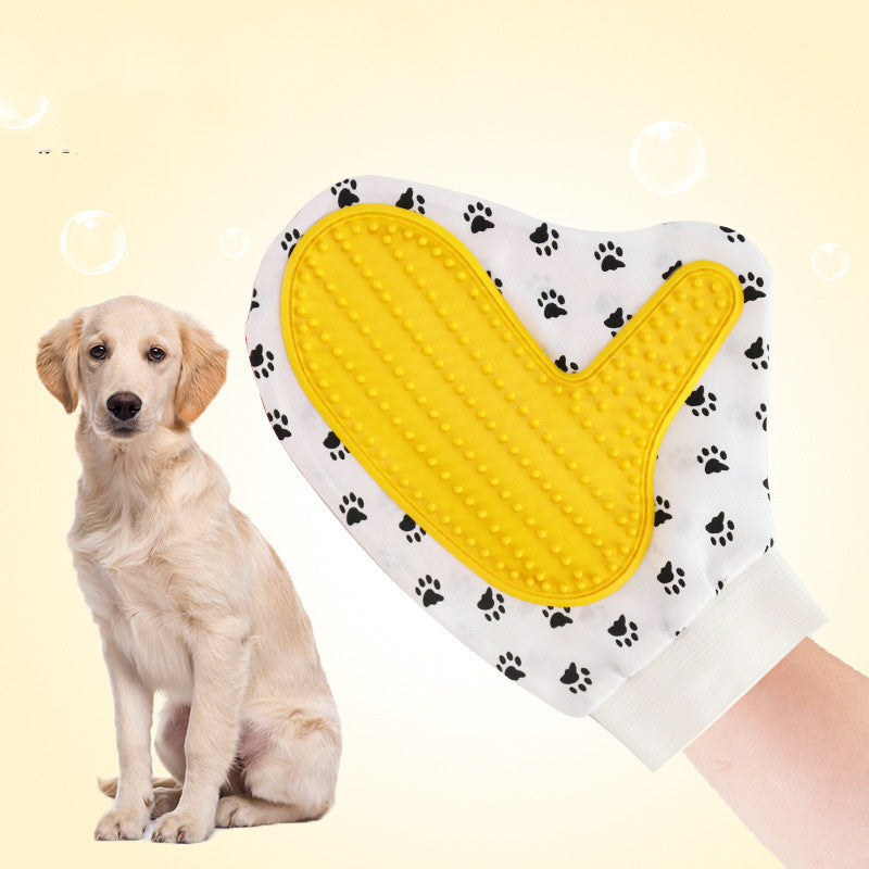 Dog with pet grooming glove