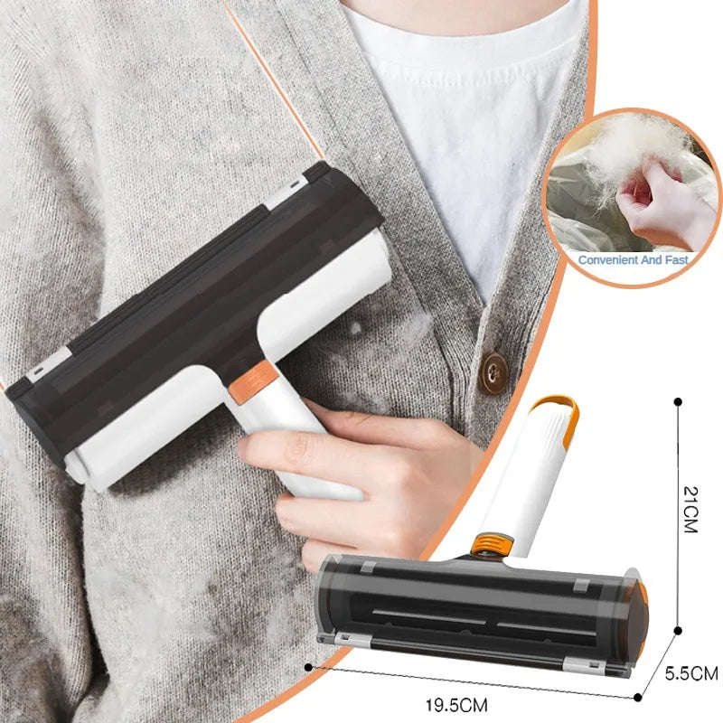 Pet hair roller removing fur from a jumper, with size dimensions