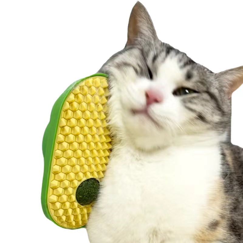 Happy cat using a wall rub brush