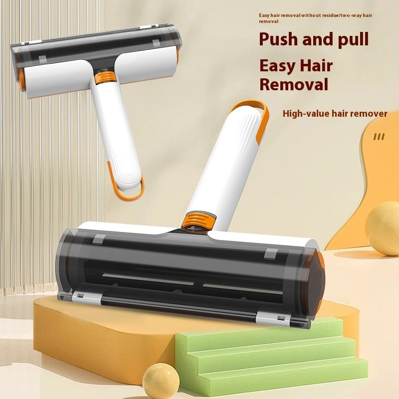 Pet hair roller with push and pull action for easy hair removal